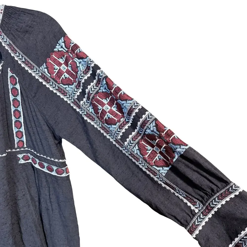 Free people cotton blend black boho embroidered dress long sleeve medium mosaic